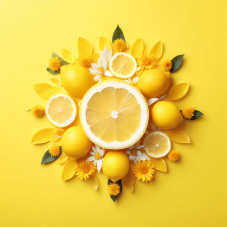 Sun made of lemon and yellow flower petals on bright yellow background. Fruit summer minimal concept. ai generative.の素材