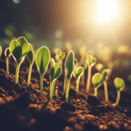 The side view close up of young growth sprouts from the ground under the morning sunlight. ai generative.の素材