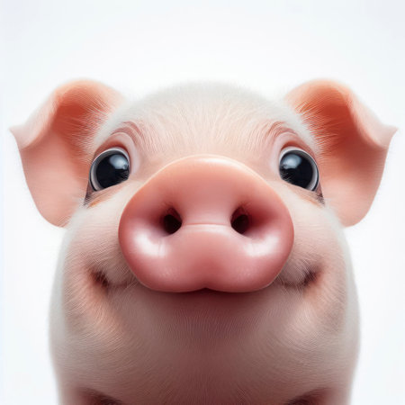Closeup Funny Portrait of surprised pig with Huge Eyes on solid white background, wide angle shot. ai generative.の素材