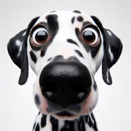 Closeup Funny Portrait of surprised Dalmatian with Huge Eyes on solid white background, wide angle shot. ai generative.の素材