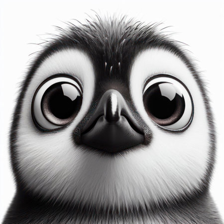 Closeup Funny Portrait of surprised penguin with Huge Eyes on solid white background, wide angle shot. ai generative.の素材