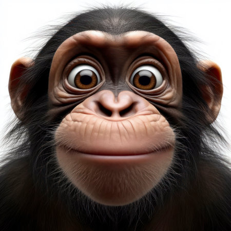 Closeup Funny Portrait of surprised Chimpanzee with Huge Eyes on solid white background, wide angle shot. ai generative.の素材