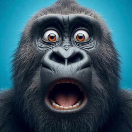 Closeup Funny Portrait of surprised gorilla with Huge Eyes on solid blue background, wide angle shot. ai generative.の素材