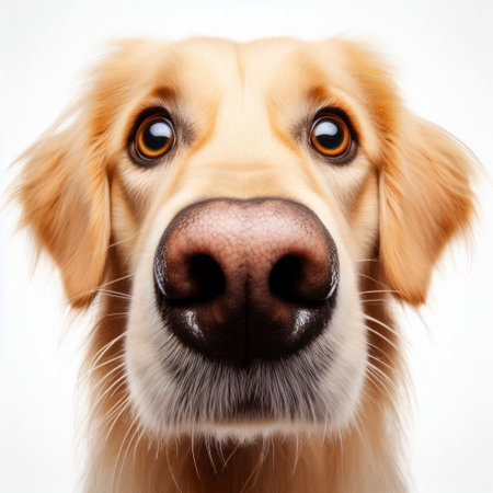 Closeup Portrait of surprised Golden retriever dog with Huge Eyes on white background, wide angle shot. ai generative.の素材