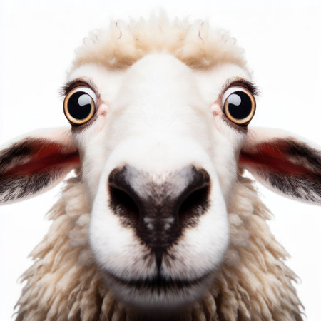 Closeup Funny Portrait of surprised sheep with Huge Eyes on solid white background, wide angle shot. ai generative.の素材