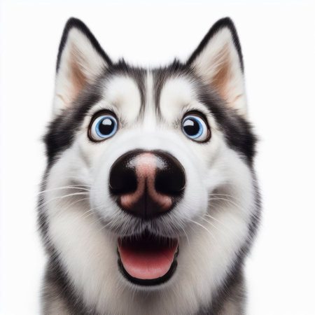 Photo Closeup Funny Portrait of surprised blue eyed Siberian Husky dog with Huge Eyes. ai generative.の素材