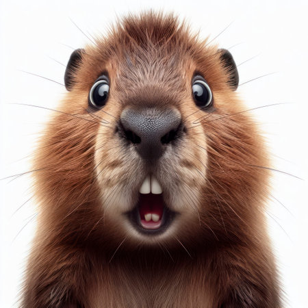Closeup Funny Portrait of surprised Beaver with Huge Eyes on solid white background, wide angle shot. ai generative.の素材