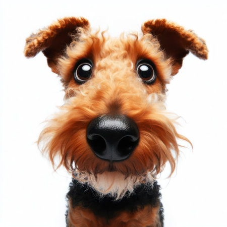 Closeup Funny Portrait of surprised Airedale Terrier Dog with Huge Eyes, wide angle shot. ai generative.の素材