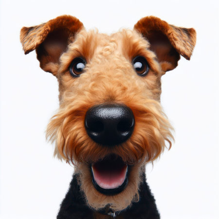 Closeup Funny Portrait of surprised Airedale Terrier Dog with Huge Eyes, wide angle shot. ai generative.の素材