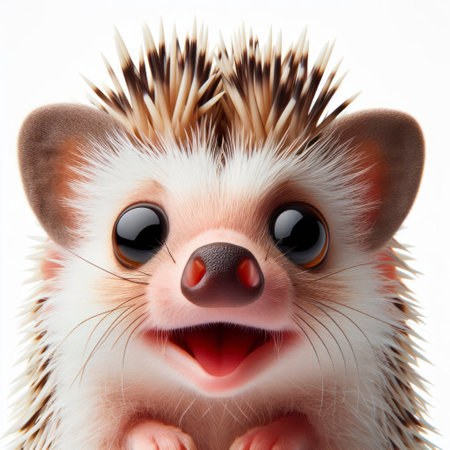 Closeup Funny Portrait of surprised Hedgehog with Huge Eyes on solid white background, wide angle shot. ai generative.の素材