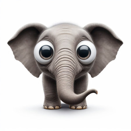 Closeup Funny Portrait of surprised elephant with Huge Eyes on solid white background, wide angle shot. ai generative.の素材