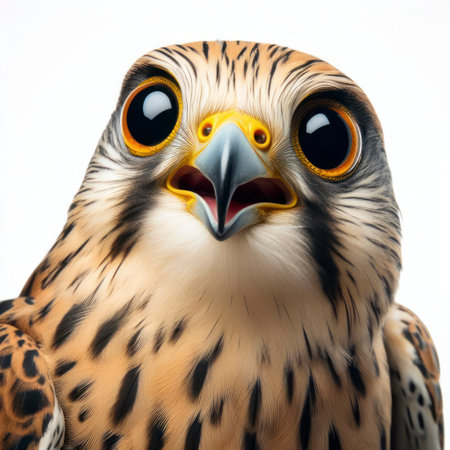 Closeup Funny Portrait of surprised falcon with Huge Eyes on solid white background, wide angle shot. ai generative.の素材