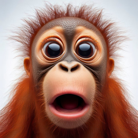 Closeup Funny Portrait of surprised orangutan with Huge Eyes on solid white background, wide angle shot. ai generative.の素材