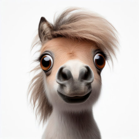Closeup Funny Portrait of surprised Pony with Huge Eyes on solid white background, wide angle shot. ai generative.の素材