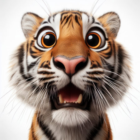 Closeup Funny Portrait of surprised tiger with Huge Eyes on solid white background, wide angle shot. ai generative.の素材