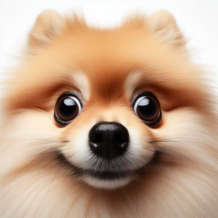 Closeup Funny Portrait of surprised pomeranian dog with Huge Eyes, wide angle shot. ai generative.の素材