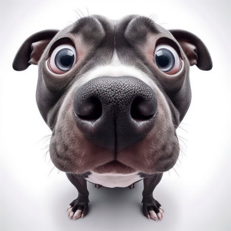 Closeup Funny Portrait of surprised pitbull dog with Huge Eyes on white background, wide angle shot. ai generative.の素材