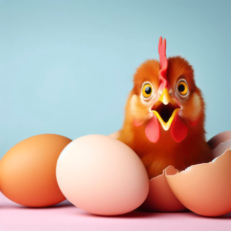 Surprised Chicken look on eggs color Background with Space for Copy. ai generative.の素材