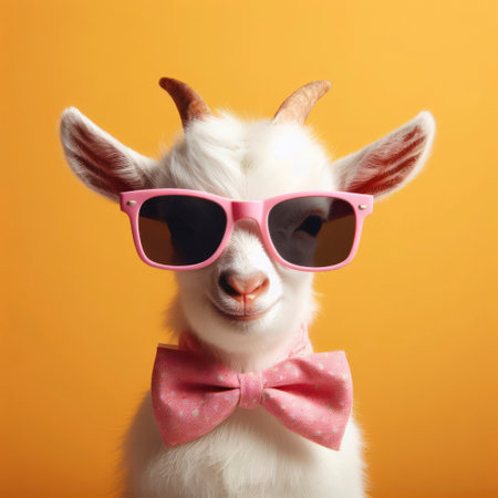 White goat in trendy pink glasses on solid studio yellow background. ai generative.の素材
