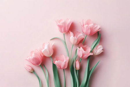 A Touch of Spring Pink Tulips in Full Bloom on solid pastel background. ai generative.の素材