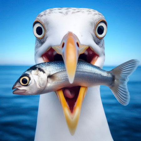 Close up photo of a surprised seagull has a fish in its beak on blue background. ai generative.の素材