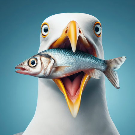 Close up photo of a surprised seagull has a fish in its beak on blue background. ai generative.の素材