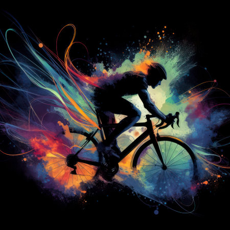 A man rides a sport bicycle abstract color splash on a black background. ai generative.の素材