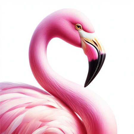 beautiful pink flamingo close up over solid white background. ai generative.の素材
