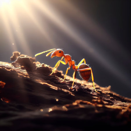 close up an ant on a log with sunlight shining on it. ai generative.の素材