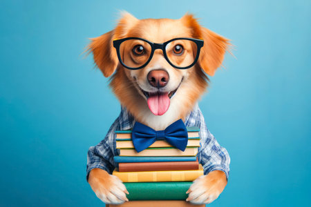 funny smiling dog school with glasses hold books on blue background. ai generative.の素材