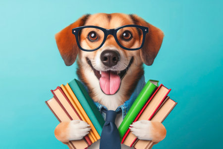 funny smiling dog school with glasses hold books on blue background. ai generative.の素材