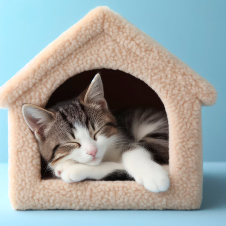 cute cat sleep inside cat house on blue background. ai generative.の素材