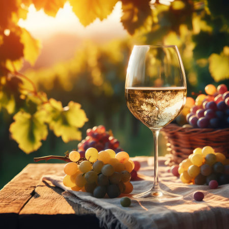 Glass of white wine with grapes on table in vineyard during warm summer evening. ai generative.の素材