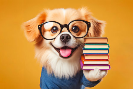 funny smiling dog school with glasses hold books on yellow background. ai generative.の素材