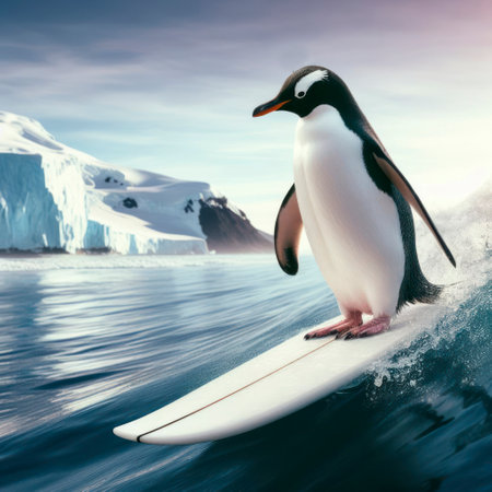 Penguin surfing the surfboard with Antarctica glacier in the background. ai generative.の素材