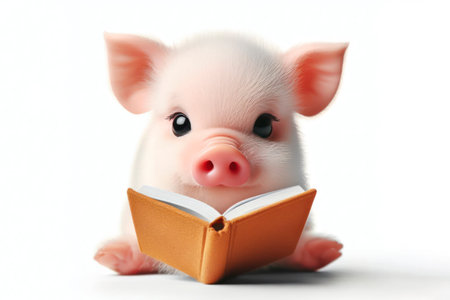 Photo of A cute pig reading a book on white background. ai generative.の素材