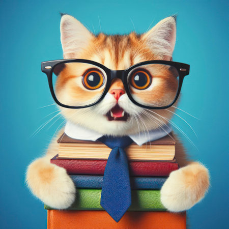 Photo of a funny smiling cat school with glasses holding books. ai generative.の素材