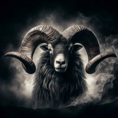 majestic ram with huge horns on black background in smoke behind it. ai generative.の素材