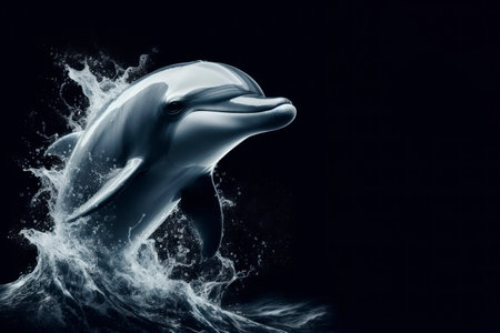 Photo of a Dolphin on black background with water splash. ai generative.の素材