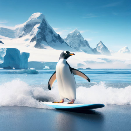 Penguin surfing the surfboard with Antarctica glacier in the background. ai generative.の素材