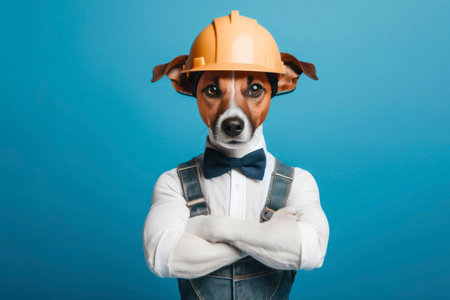 Jack Russell Terrier dog in a builders helmet on solid blue background. ai generative.の素材