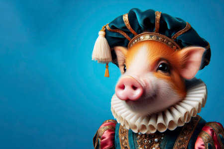 pig piglet in renaissance regal medieval noble royal outfits solid bright blue background. ai generative.の素材