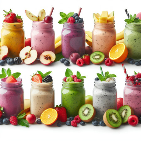 Set of smoothies in a glass jar made from variety of fruits isolated on white background. ai generative.の素材