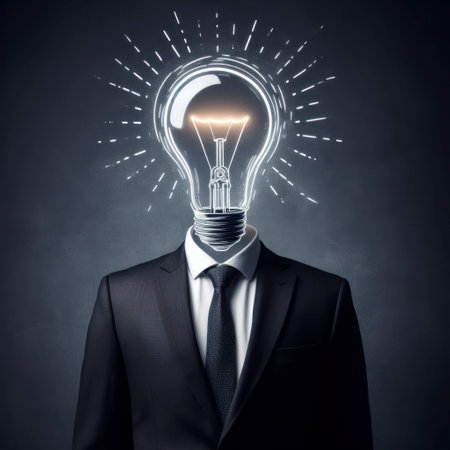 Businessman with light bulb instead of head on black background. Idea concept. ai generative.の素材