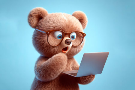 A bear with glasses and a surprised look on her face is looking at a laptop on solid blue background. ai generative.の素材