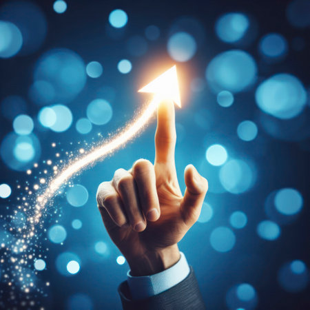 businessman hand pointing at creative glowing upward arrow on blurry black bokeh circles background. ai generative.の素材