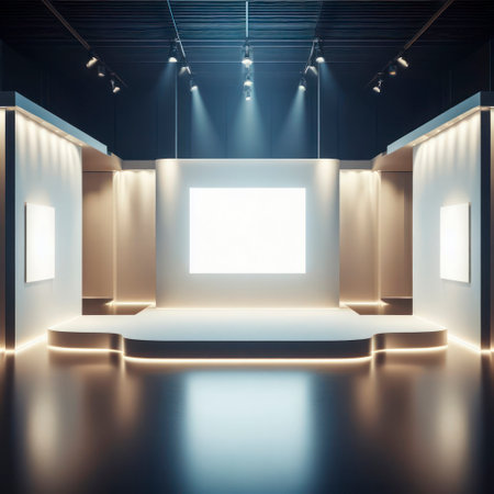 Illuminated blank exhibition space with focused lighting. Presentation concept close up. ai generative.の素材