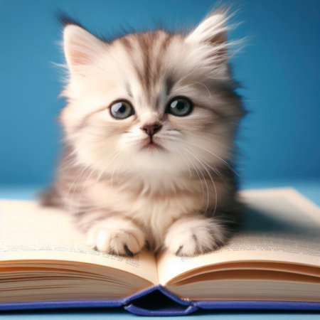 Little kitten on the pages of an open book closeup on solid blue background. ai generative.の素材