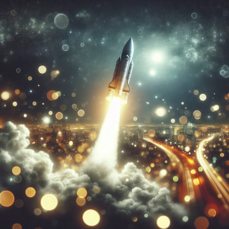 Space rocket launch in clear skies, startup concept on blurry glowing black circles background. ai generative.の素材