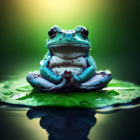 Photo of a Cute Frog Meditating on water leaf. ai generative.の素材